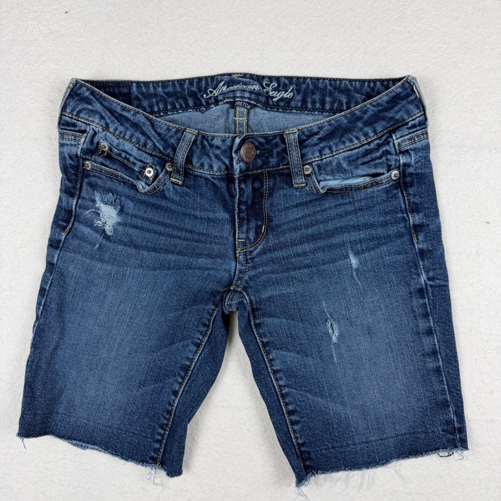 American Eagle Stretch Denim Bermuda Shorts Dark Wash Distressed Raw‎ Hem Size 4